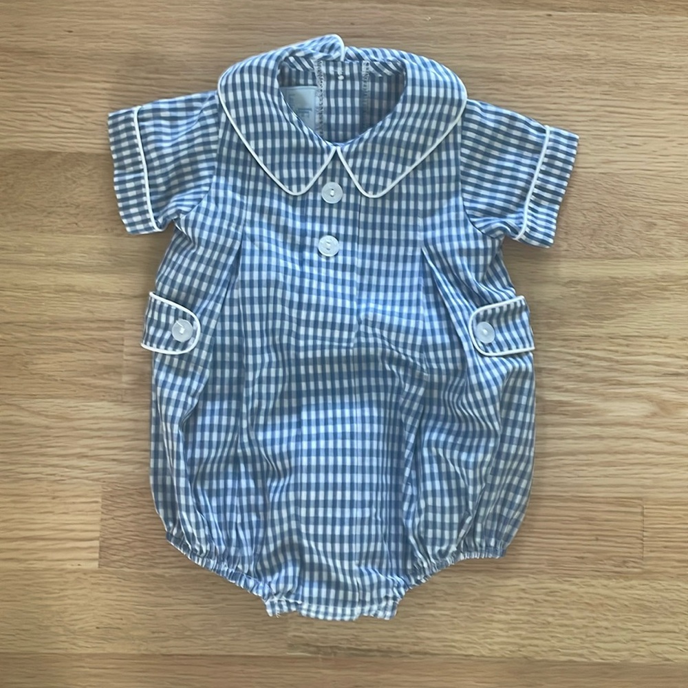 Little English Gray Blue Gingham Davant Bubble Romper, 3-6 months